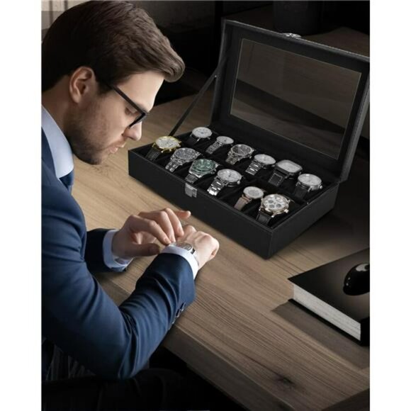 Watch Box Organizer 12 Slot PU Leather Glass Lid Display Case for Jewelry - Picture 2 of 7